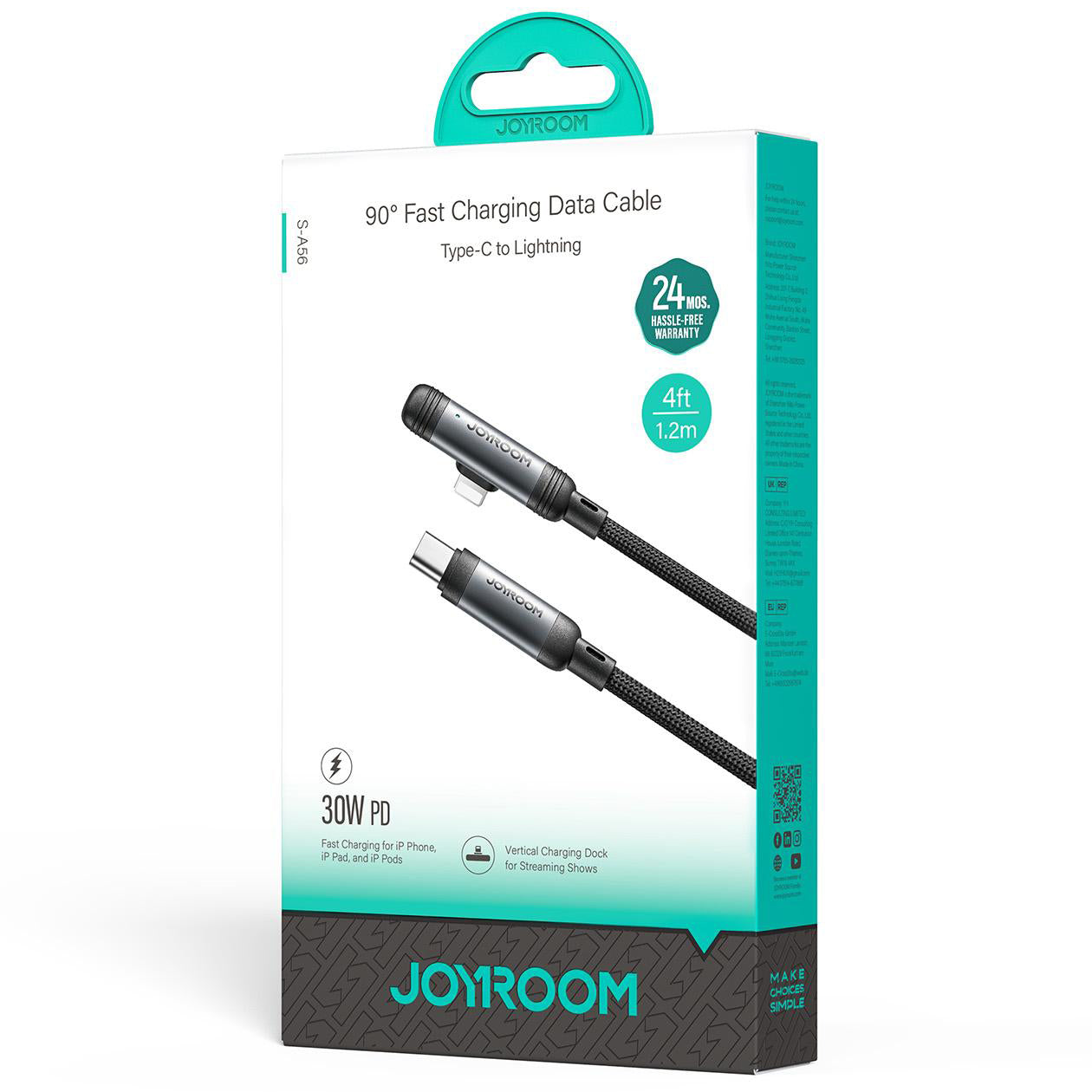 USB-C - Lightning Joyroom S-A56 EnjoyX Angled -data- ja latauskaapeli, 30W, 1.2m, Musta