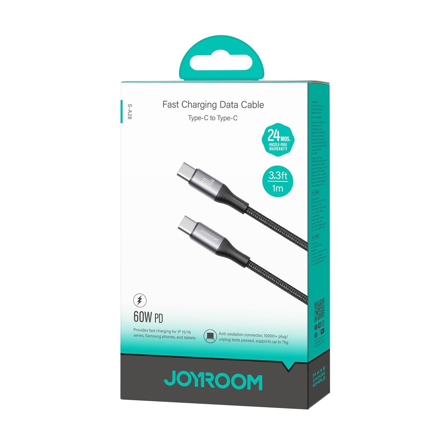 USB-C - USB-C Joyroom S-A28 Flash -data- ja latauskaapeli, 60W, 1m, Musta