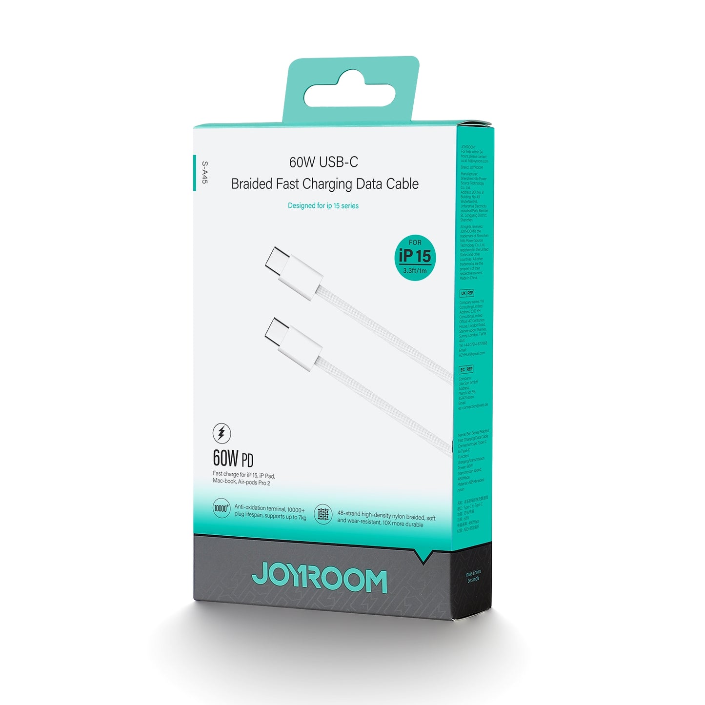 USB-C Data and Charging Cable - USB-C Joyroom S-A45, 60W, 1m, White 