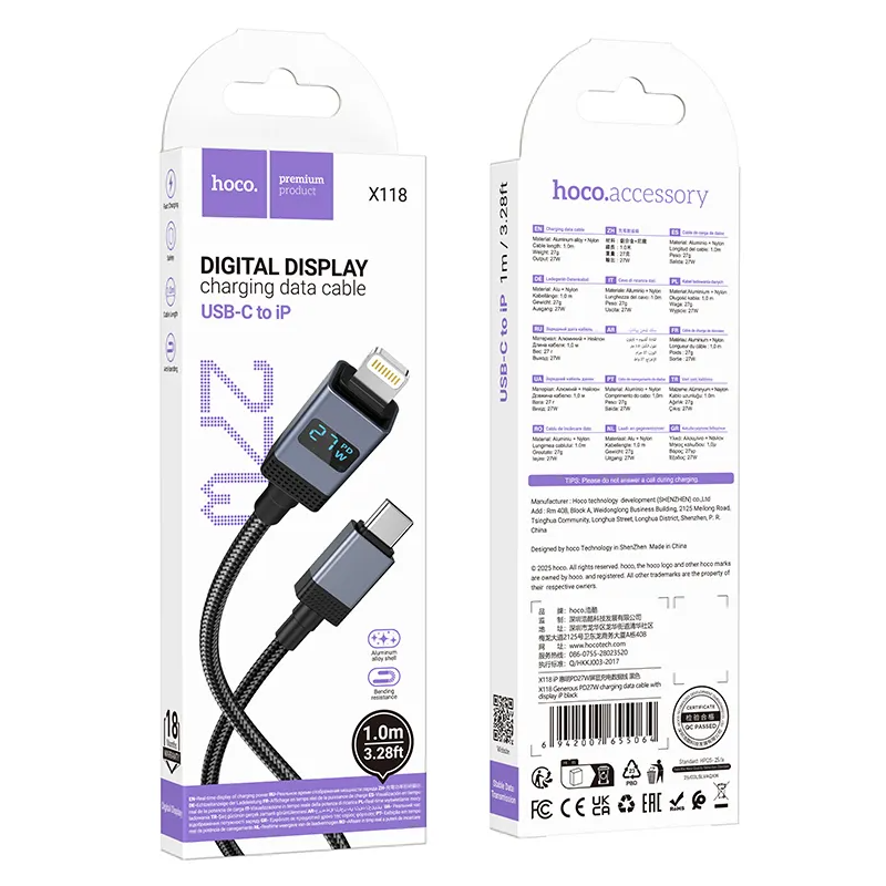 USB-C - Lightning HOCO X118 Display -kaapeli, 27W, 1m, Musta