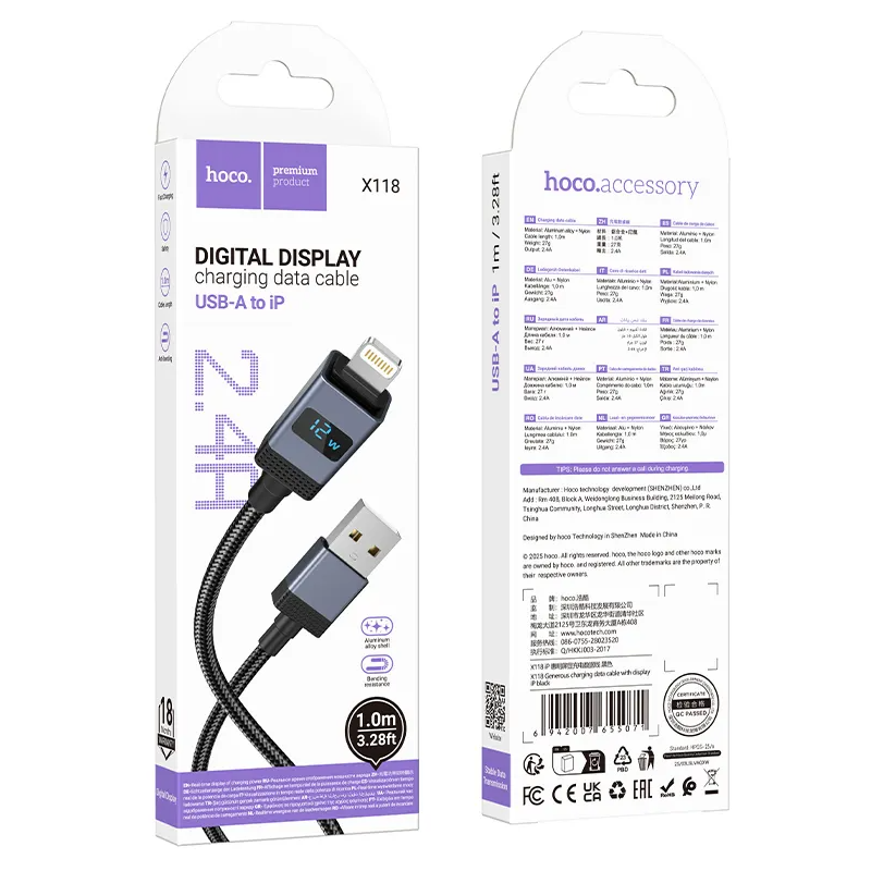 USB-A - Lightning HOCO X118 Display -data- ja latauskaapeli, 12W, 1m, Musta