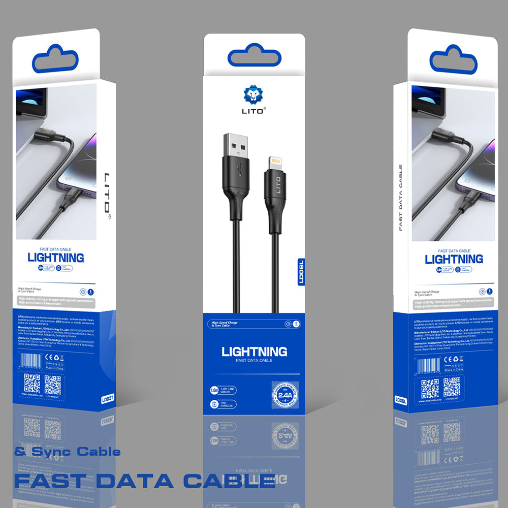 USB-A - Lightning Lito LD06L Data- ja Latauskaapeli, 18W, 1m, Musta