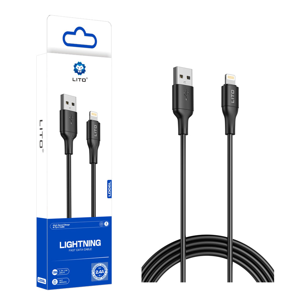 USB-A - Lightning Lito LD06L Data- ja Latauskaapeli, 18W, 1m, Musta