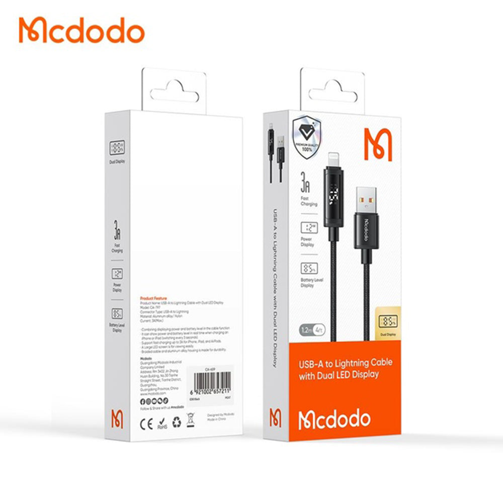 USB-A - Lightning McDodo CA-7970 Display -data- ja latauskaapeli, 18W, 1.2m, Musta