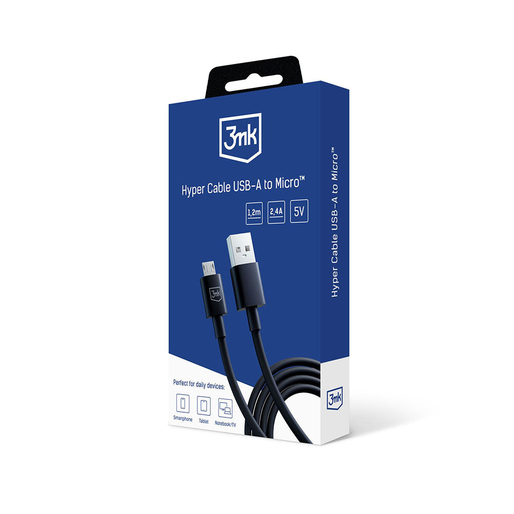 USB-A - microUSB 3MK Hyper -data- ja latauskaapeli, 18W, 1.2m, Musta