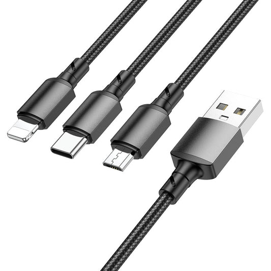 USB-A - Lightning / microUSB / USB-C Borofone BX72 latauskaapeli, 18W, 1m, Musta
