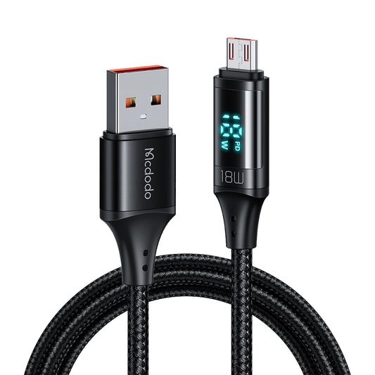 USB-A - microUSB McDodo CA-1070 Display -data- ja latauskaapeli, 18W, 1.2m, Musta