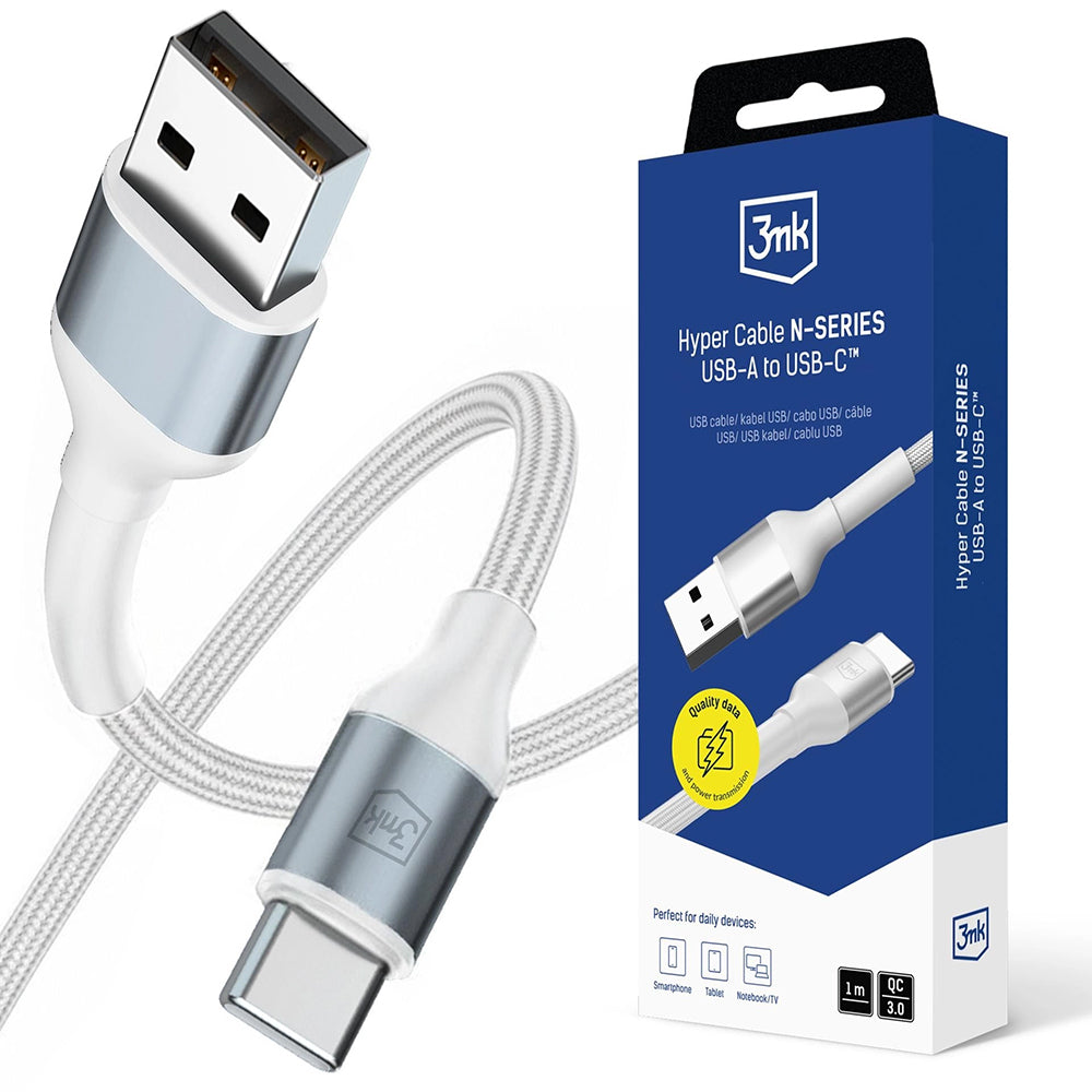 USB-A - USB-C 3MK Hyper N -data- ja latauskaapeli, 18W, 1m, Valkoinen