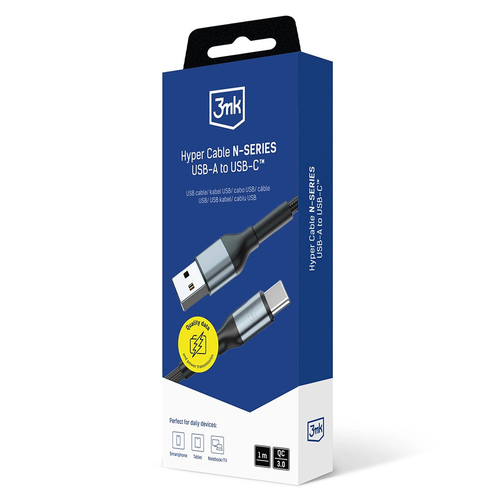 USB-A - USB-C 3MK Hyper N -data- ja latauskaapeli, 18W, 1m, Musta
