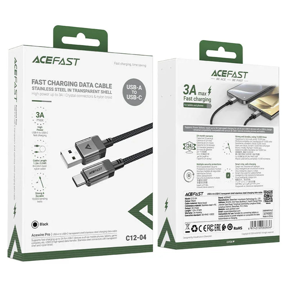 USB-A - USB-C Acefast C12-04 -data- ja latauskaapeli, 18W, 1.2m, Musta