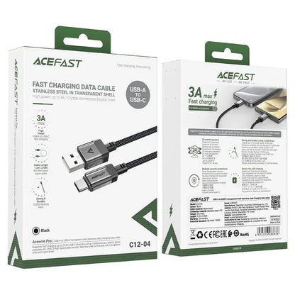 USB-A - USB-C Acefast C12-04 -data- ja latauskaapeli, 18W, 1.2m, Musta