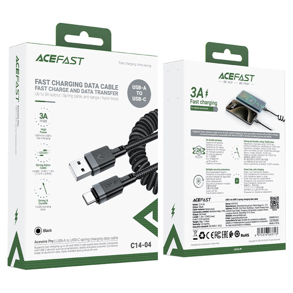 USB-A to USB-C Acefast C14-04 Data and Charging Cable, 18W, 1.2m, Black