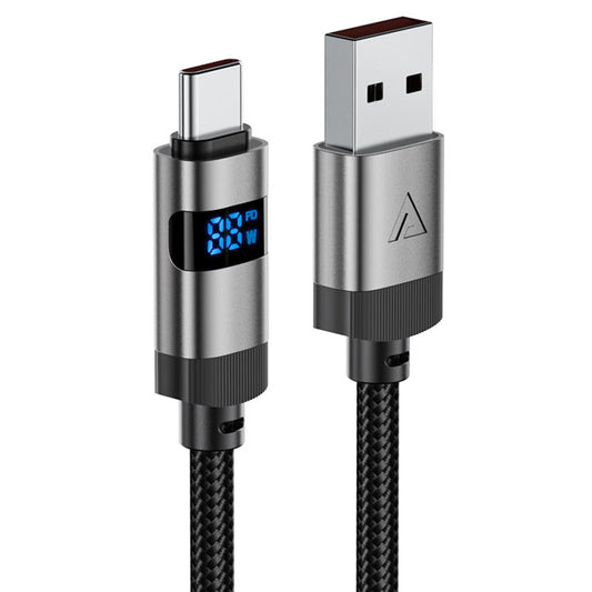 USB-A - USB-C Acefast C15-04 Display -data- ja latauskaapeli, 66W, 1.2m, Musta