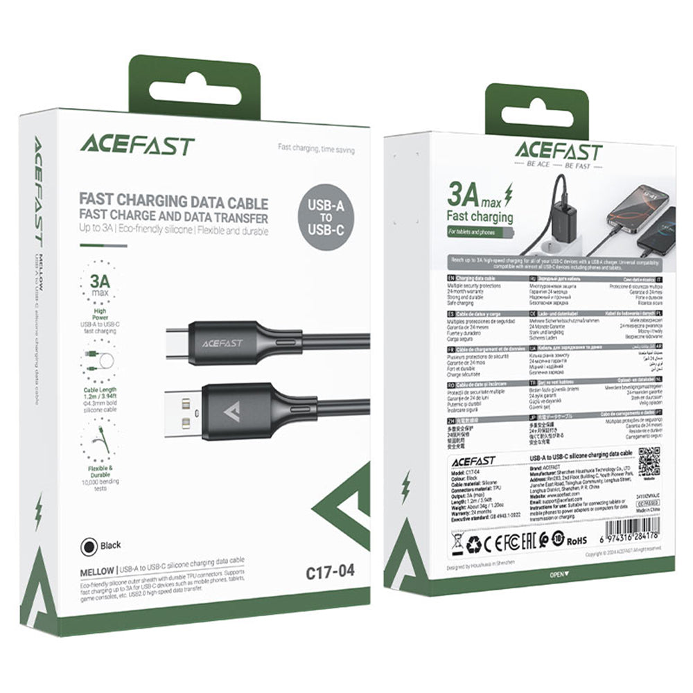 USB-A - USB-C Acefast C17-04 -data- ja latauskaapeli, 18W, 1.2m, Musta
