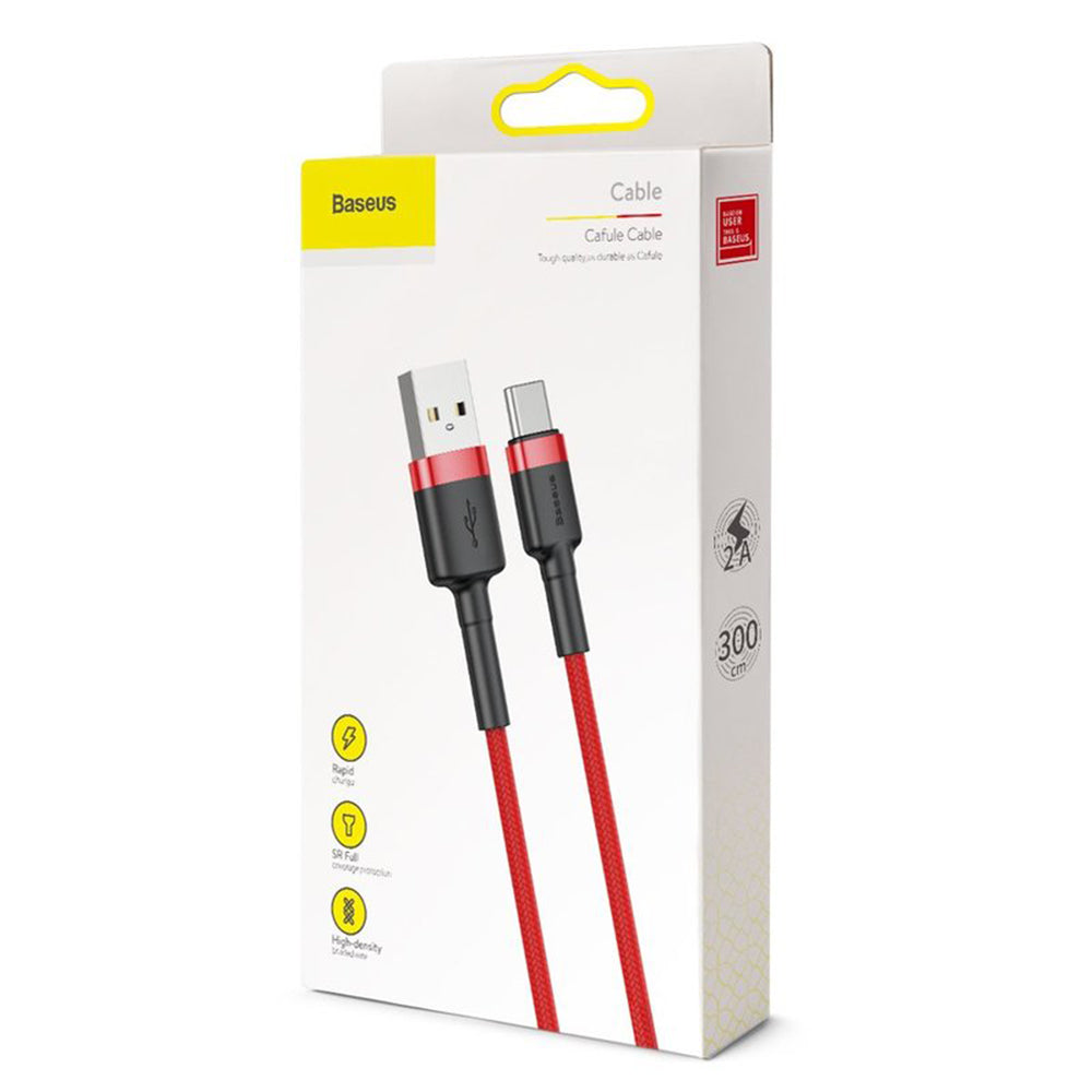USB-A - USB-C Baseus Cafule -data- ja latauskaapeli, 18W, 3m, Punainen CATKLF-U09