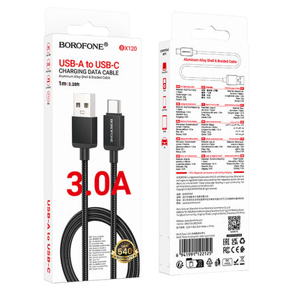 USB-A - USB-C Borofone BX120 Placer -data- ja latauskaapeli, 18W, 1m, Musta