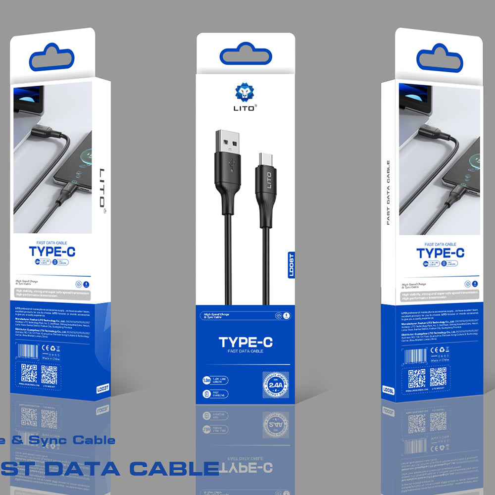 USB-A - USB-C Lito LD06T Data- ja Latauskaapeli, 18W, 1m, Musta