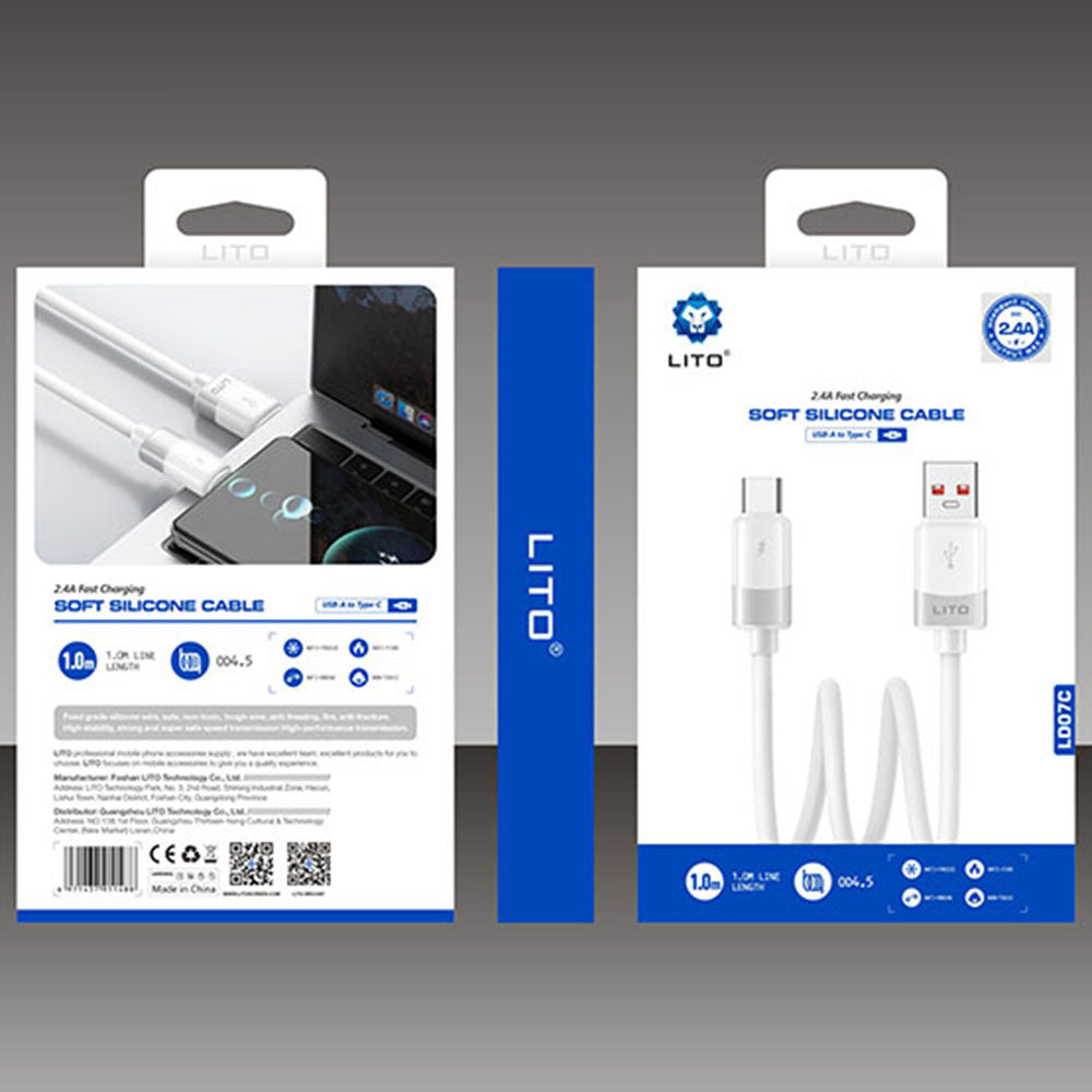 USB-A - USB-C Lito LD07 Data- ja Latauskaapeli, 18W, 1m, Valkoinen