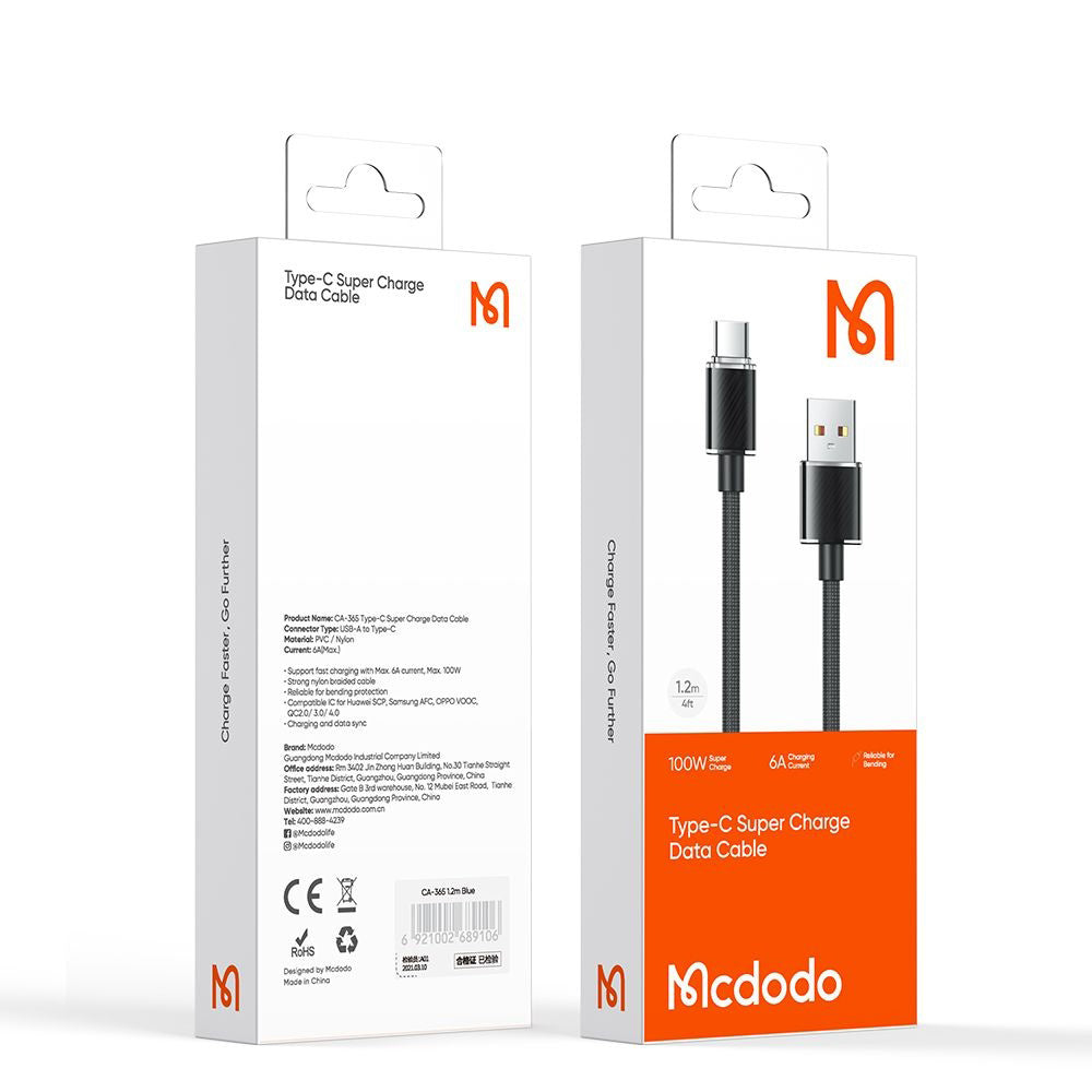 USB-A - USB-C McDodo CA-3650 -datalatauskaapeli, 100W, 1.2m, Musta