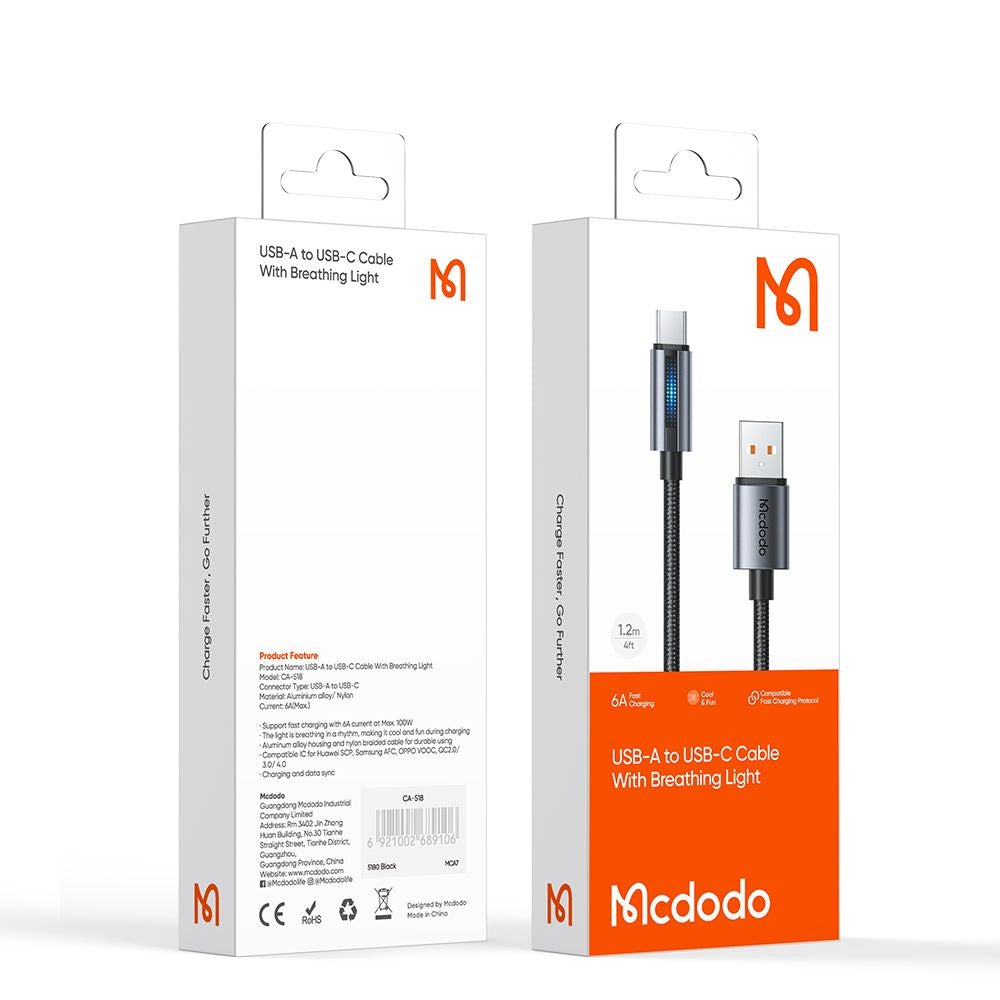 USB-A - USB-C McDodo CA-5180 Data- ja latauskaapeli, 100W, 1.2m, Musta