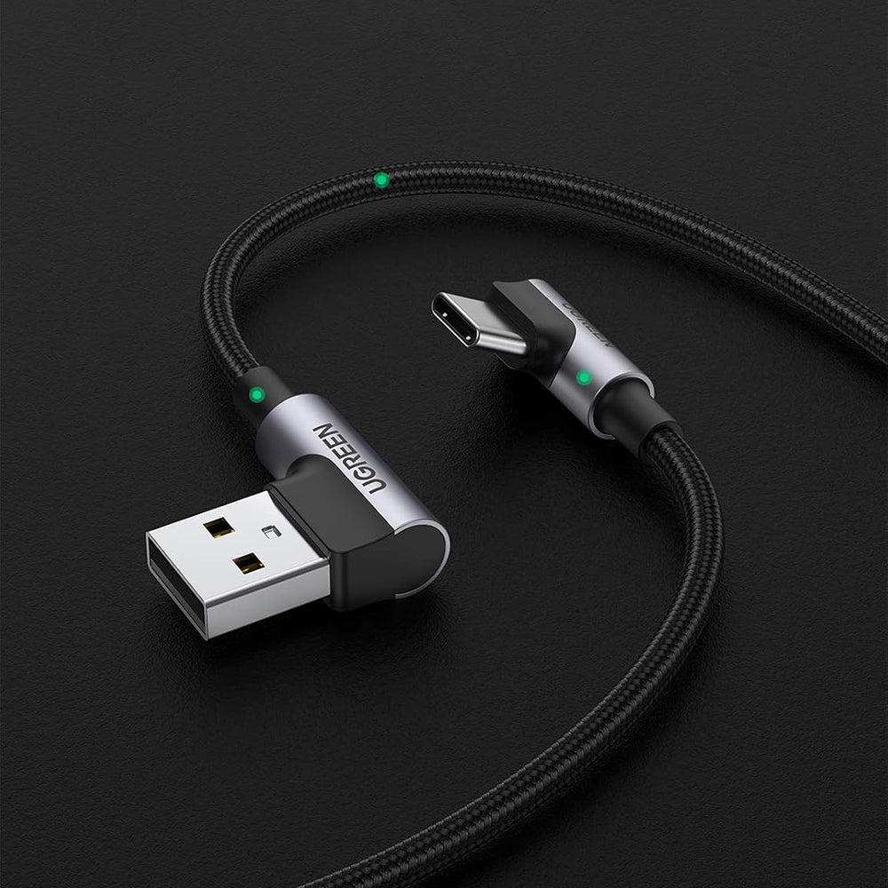 UGREEN US176 Angled USB-A - USB-C Data- ja Latauskaapeli, 18W, 3m, Harmaa