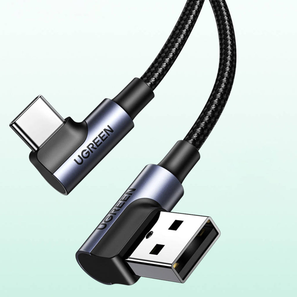 UGREEN US176 Angled USB-A - USB-C Data- ja Latauskaapeli, 18W, 3m, Harmaa