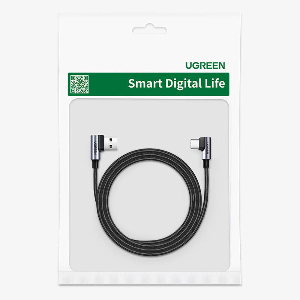 UGREEN US176 Angled USB-A - USB-C Data- ja Latauskaapeli, 18W, 3m, Harmaa