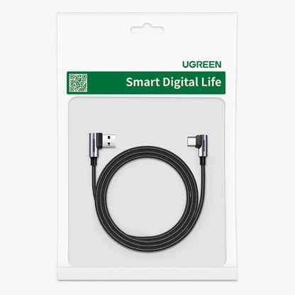 UGREEN US176 Angled USB-A - USB-C Data- ja Latauskaapeli, 18W, 3m, Harmaa