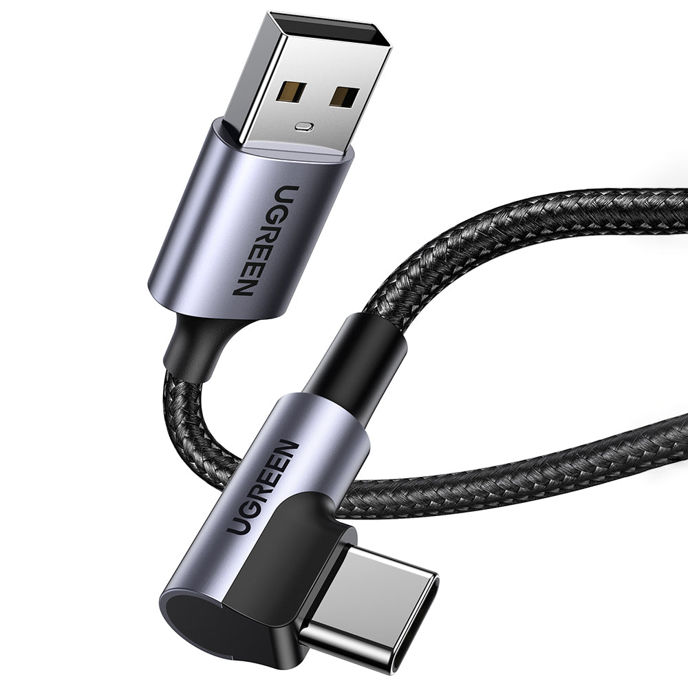 UGREEN US284 Angled USB-A - USB-C Data ja Latauskaapeli, 18W, 0.5m, Harmaa