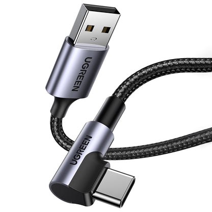 UGREEN US284 Angled USB-A - USB-C Data ja Latauskaapeli, 18W, 0.5m, Harmaa