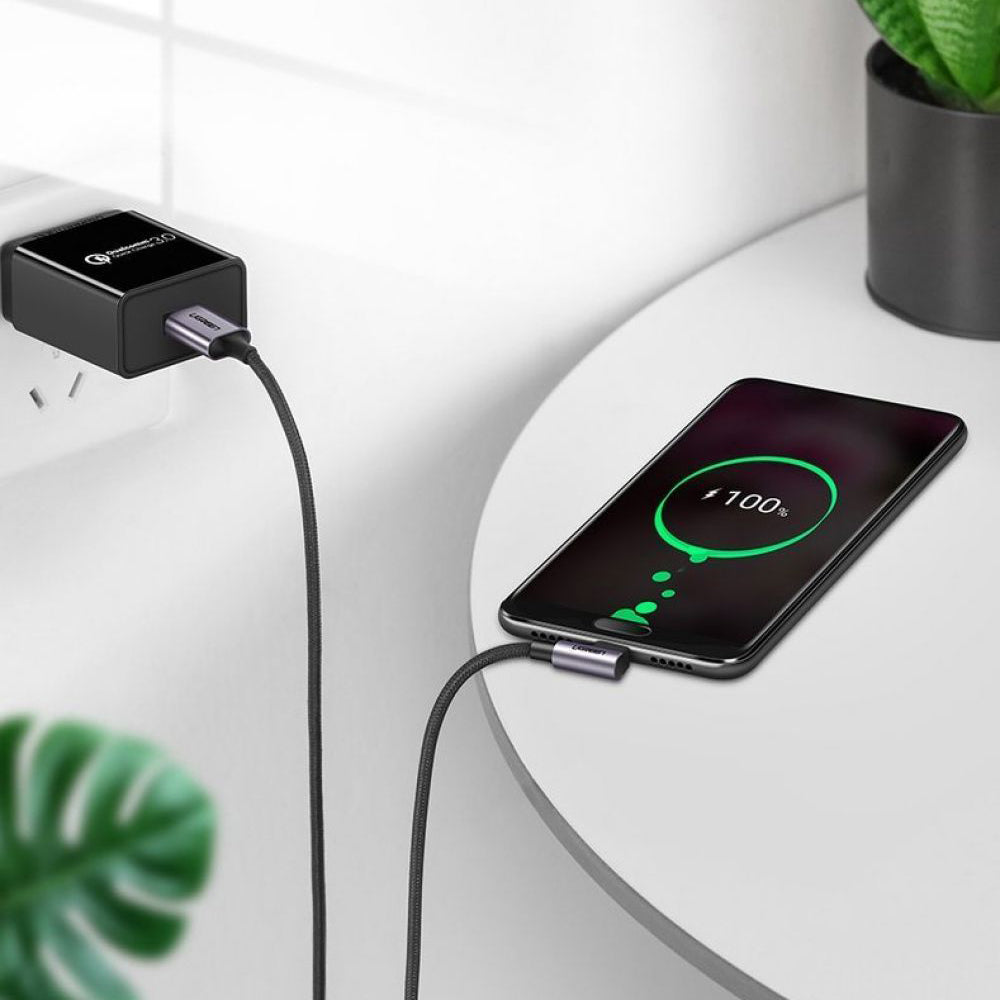 UGREEN US284 Angled USB-A - USB-C Data ja Latauskaapeli, 18W, 0.5m, Harmaa