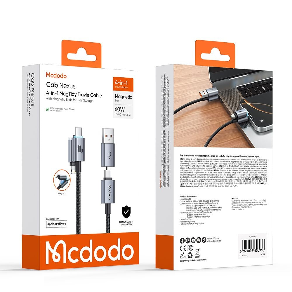USB-A / USB-C tiedonsiirto- ja latauskaapeli - USB-C / Lightning McDodo CA-6560, 60W, 1,2m, Musta