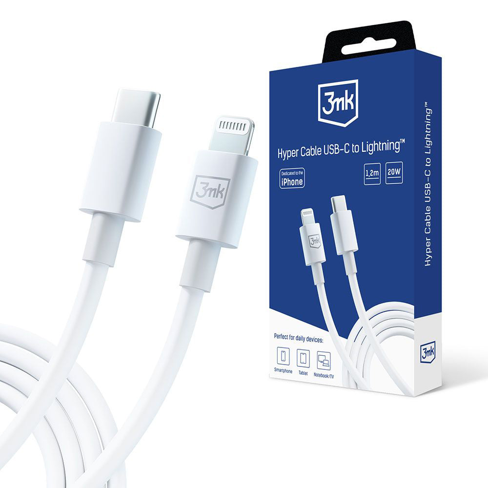 USB-C - Lightning 3MK Hyper -tietojen siirto- ja latauskaapeli, 20W, 1,2 m, valkoinen