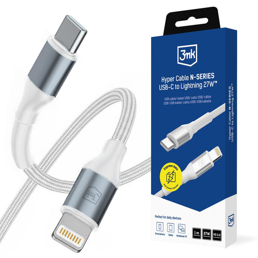 USB-C - Lightning 3MK Hyper N -tietojen siirto- ja latauskaapeli, 27W, 1m, valkoinen
