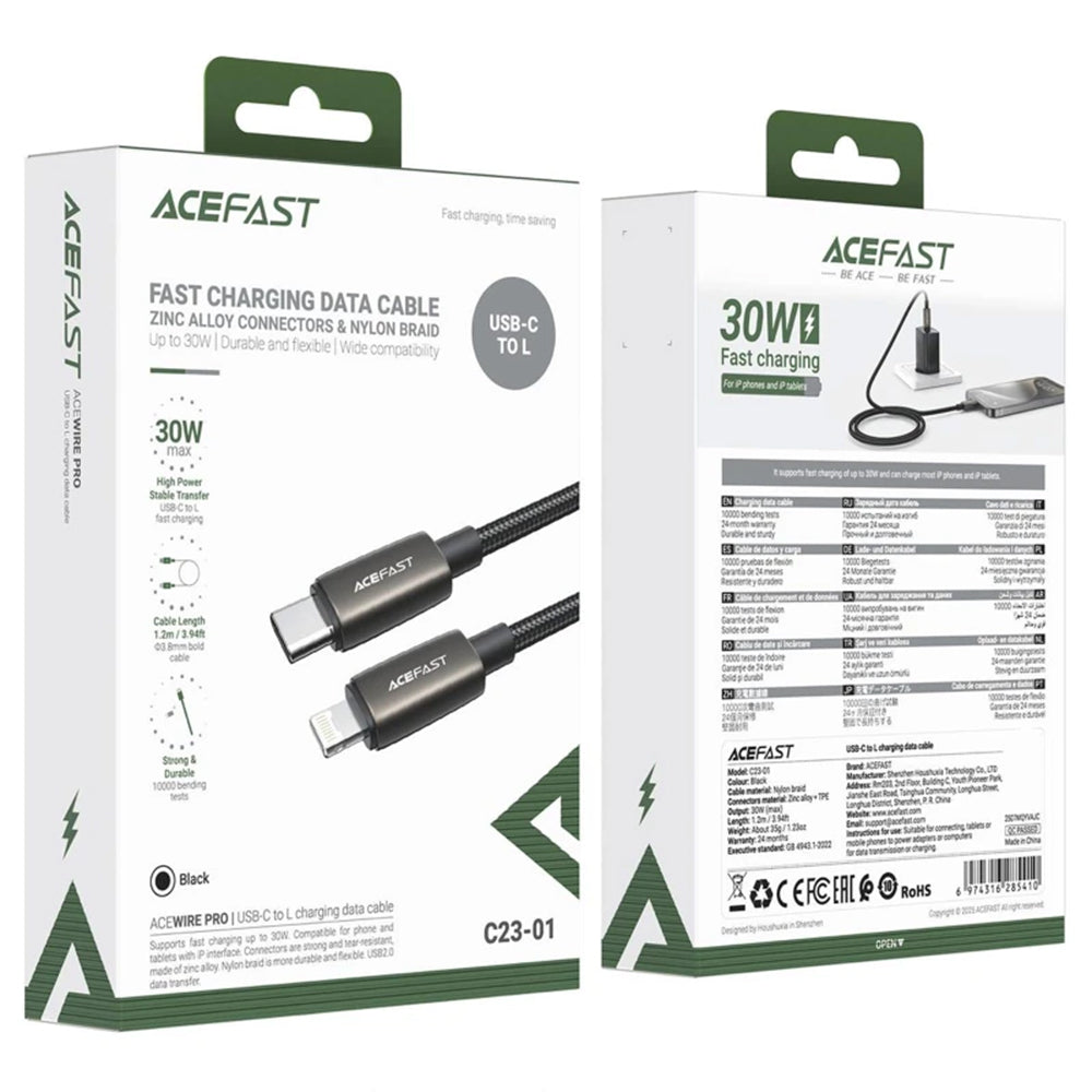 USB-C - Lightning Acefast C23-01 -data- ja latauskaapeli, 30W, 1.2m, Musta