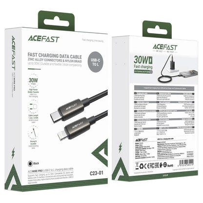 USB-C - Lightning Acefast C23-01 -data- ja latauskaapeli, 30W, 1.2m, Musta