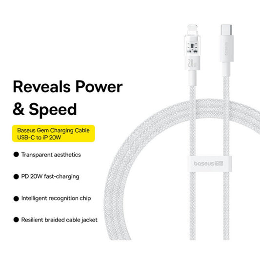 USB-C - Lightning Baseus Gem -data- ja latauskaapeli, 20W, 2m, Valkoinen P10373001211-01