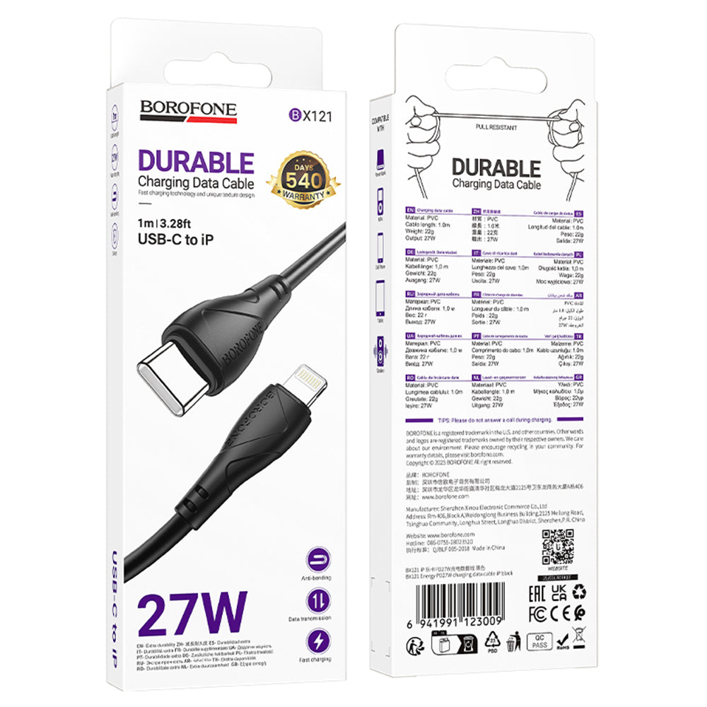 USB-C - Lightning Borofone BX121 Energy -data- ja latauskaapeli, 27W, 1m, Musta