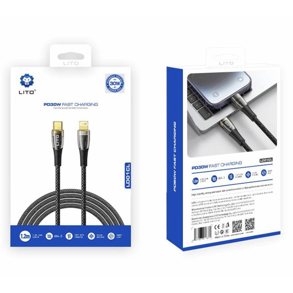 USB-C - Lightning Lito LD01 -data- ja latauskaapeli, 27W, 1.2m, Musta
