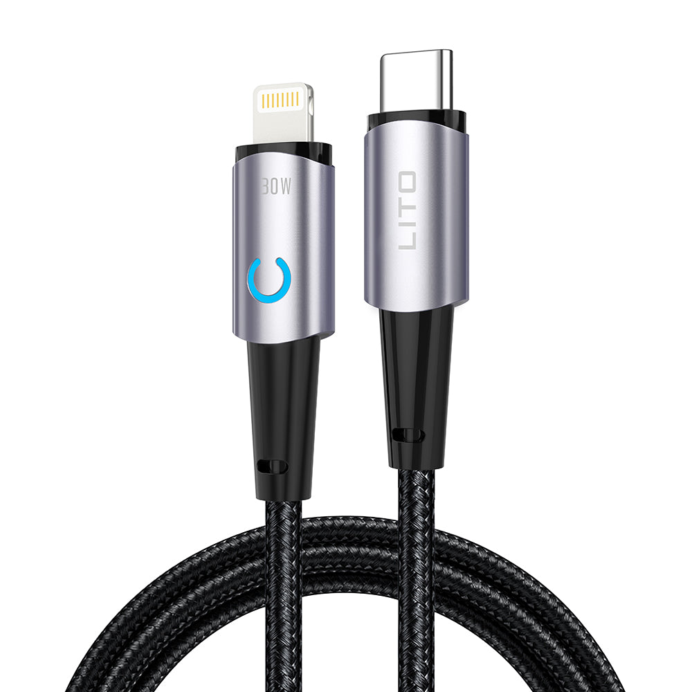 USB-C - Lightning Lito LD10CL -data- ja latauskaapeli, 30W, 1m, Musta