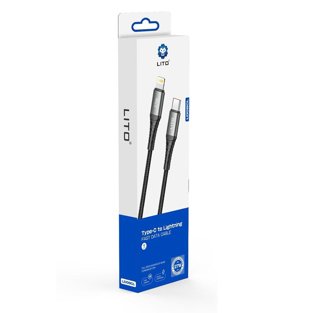 USB-C - Lightning Lito LD22CL Data- ja Latauskaapeli, 27W, 2m, Musta