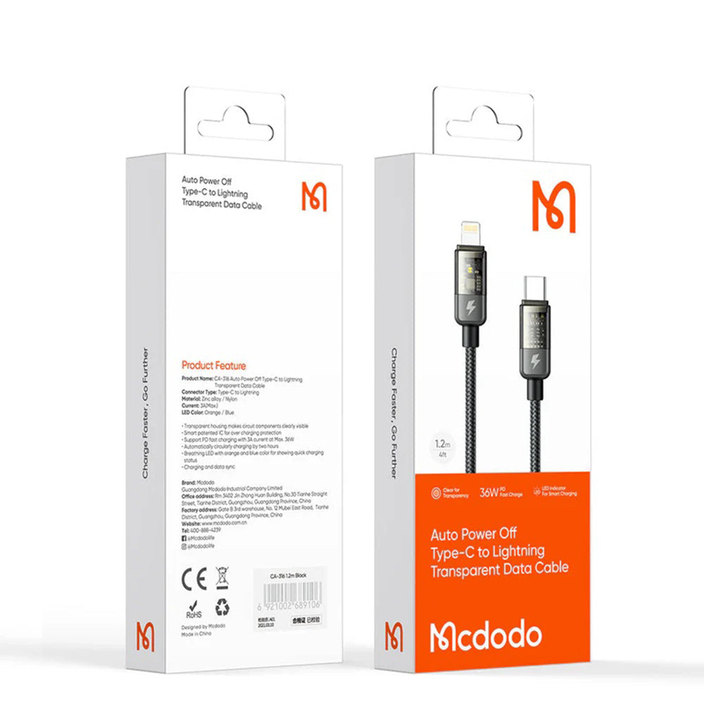 USB-C - Lightning McDodo CA-3160 Auto Power Off -data- ja latauskaapeli, 36W, 1.2m, Musta