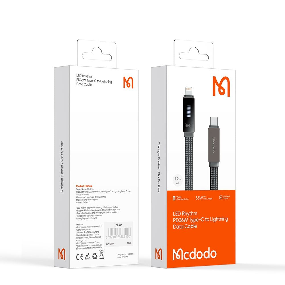 USB-C - Lightning McDodo CA-4960 Rythm Display -data- ja latauskaapeli, 36W, 1.2m, Musta