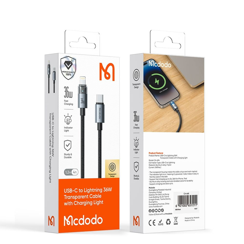 USB-C to Lightning Data and Charging Cable - McDodo CA-6940, 36W, 1.2m, Black