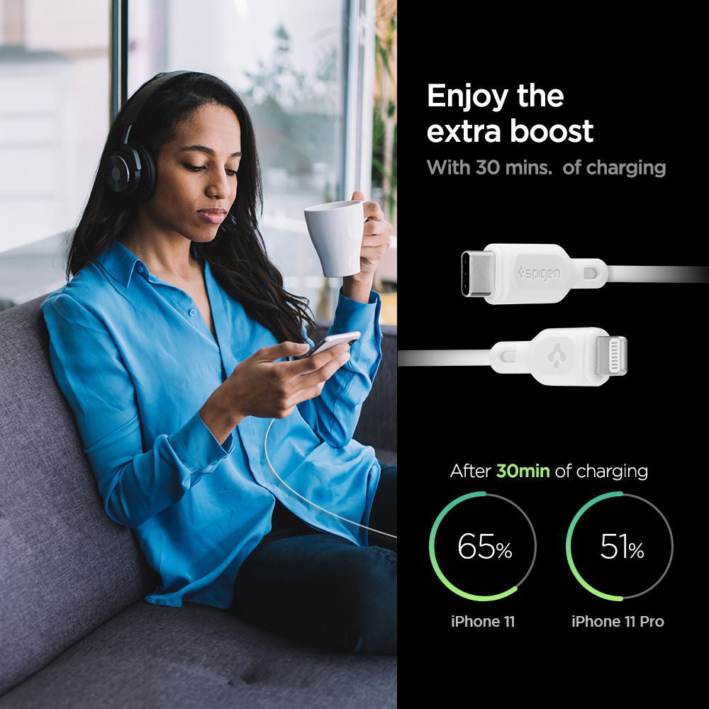 USB-C - Lightning Spigen Durasync Data- ja Latauskaapeli, 20W, 1m, Valkoinen, 2 kappaleen setti