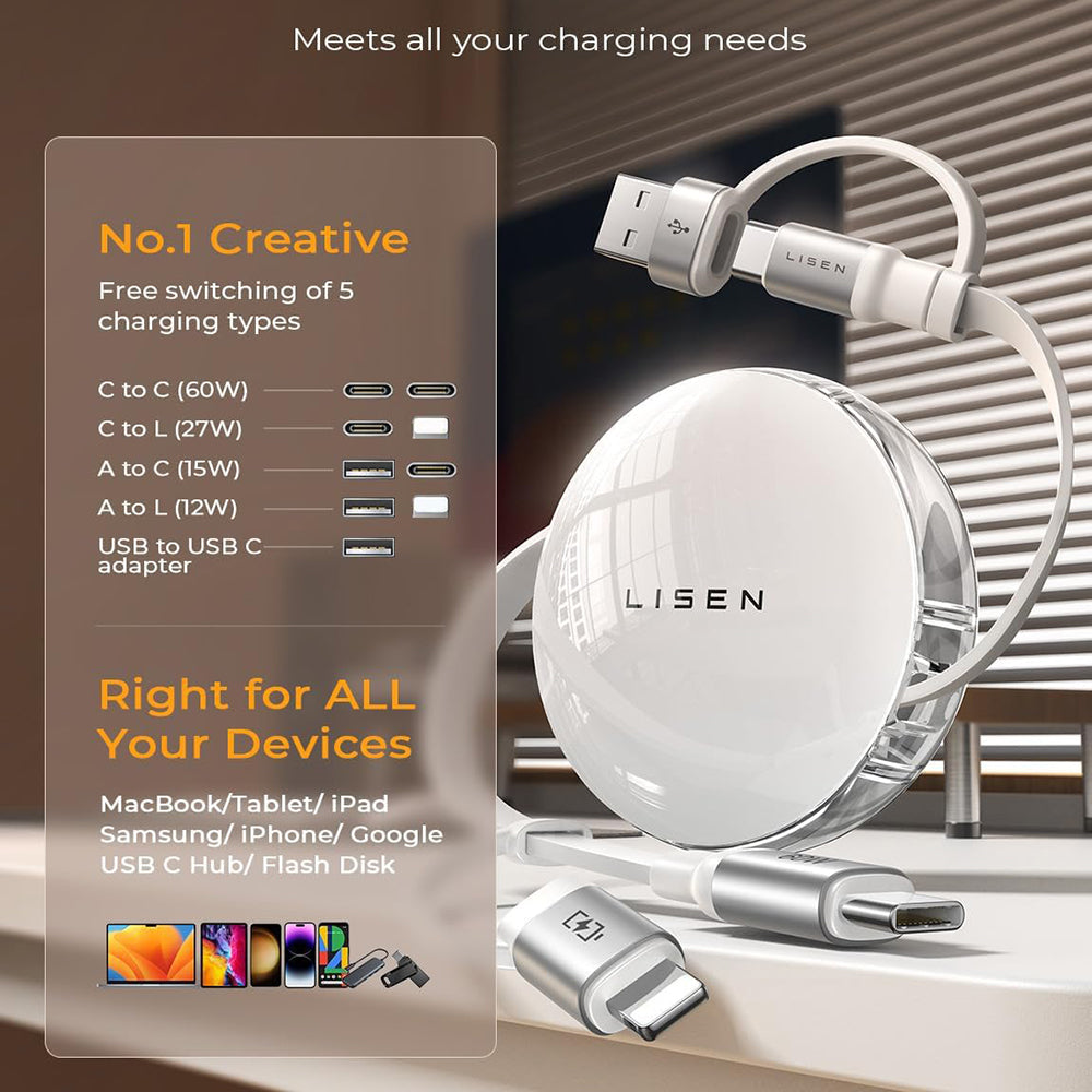 USB-C / USB-A - USB-C / Lightning Lisen -tietojen ja latauskaapeli, 60W, 1m, valkoinen YL0123030001