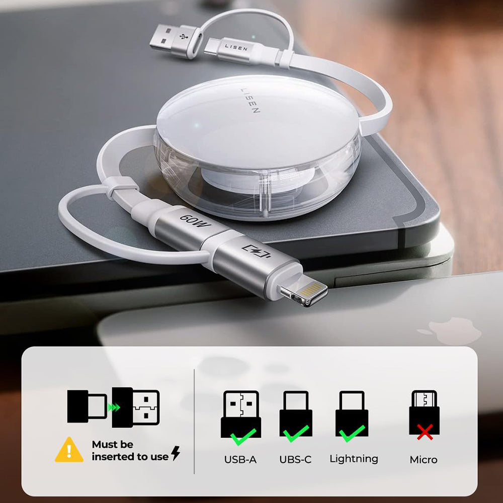 USB-C / USB-A - USB-C / Lightning Lisen -tietojen ja latauskaapeli, 60W, 1m, valkoinen YL0123030001