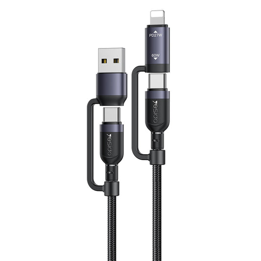USB-C / USB-A - USB-C / Lightning Tietojen ja latauksen kaapeli Yesido CA200, 60W, 1,2m, Musta