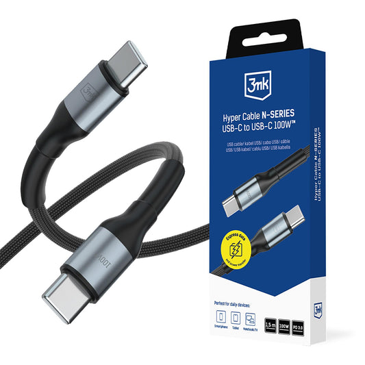 USB-C-tietojen ja latauskaapeli - USB-C 3MK Hyper N, 100W, 1,5 m, musta