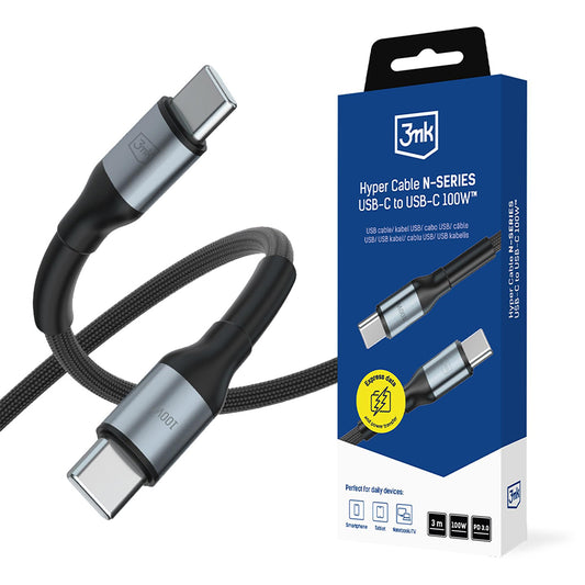 USB-C-tietojen ja latauksen kaapeli - USB-C 3MK Hyper N, 100W, 3m, Musta
